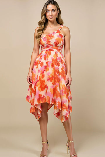 A Line Sunset Printed One Shoulder Asymmetrical Summer Dress